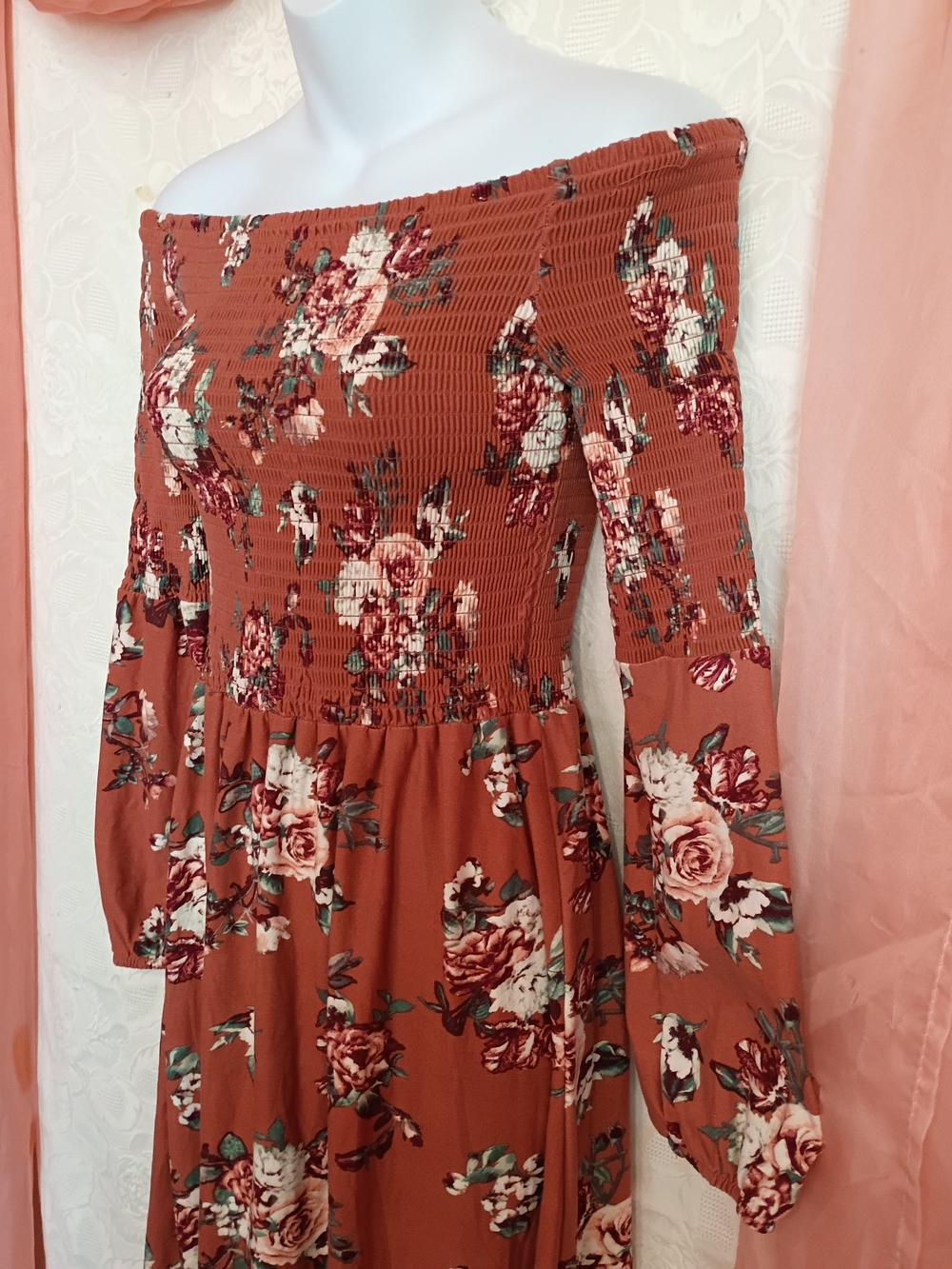 🛍️ BUNDLE ONLY🛍️Dusty Rose Floral Off-Shoulder Long Sleeve Midi Dress - Picture 4 of 10
